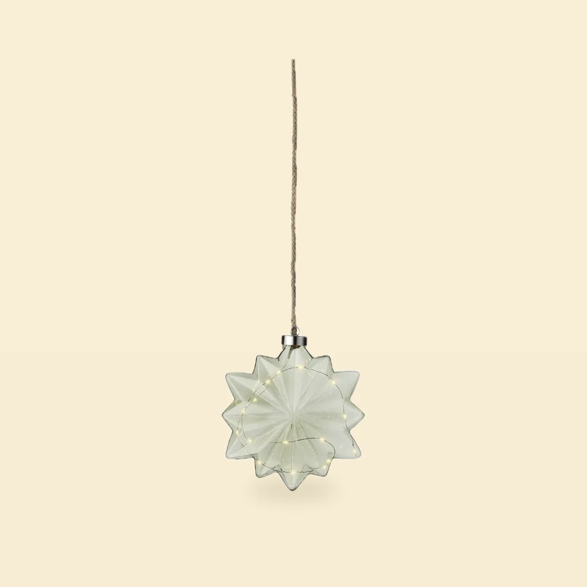 Śnieżynka szklana micro LED zielona na sznurku 8x19 cm