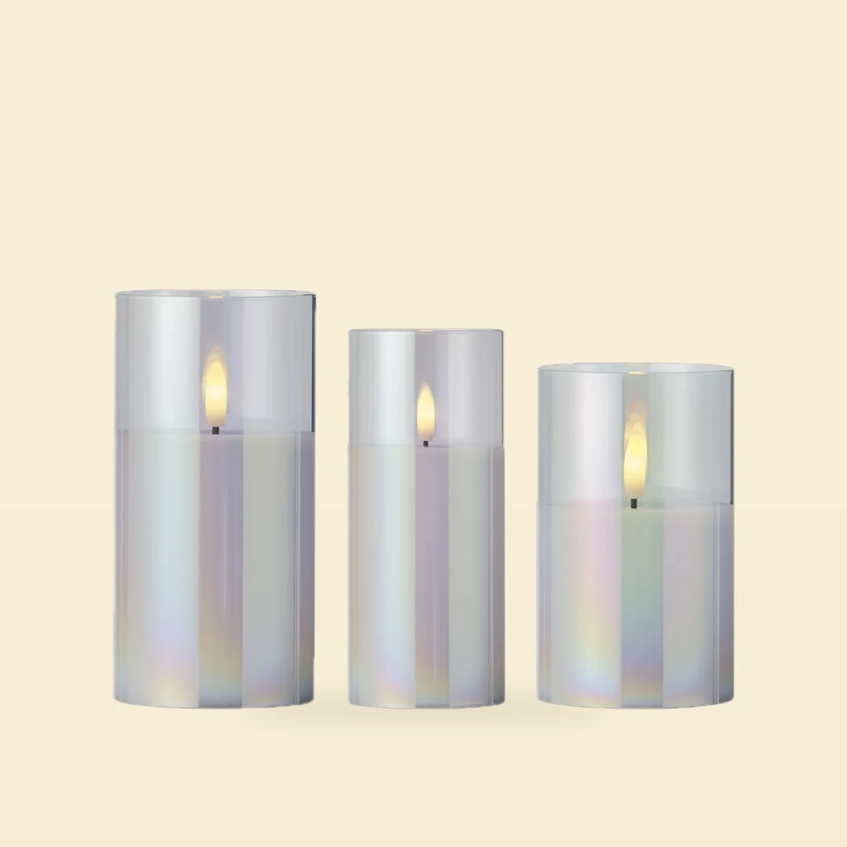 Świeca LED biała cylinder w szkle iris, zestaw 3 sztuk