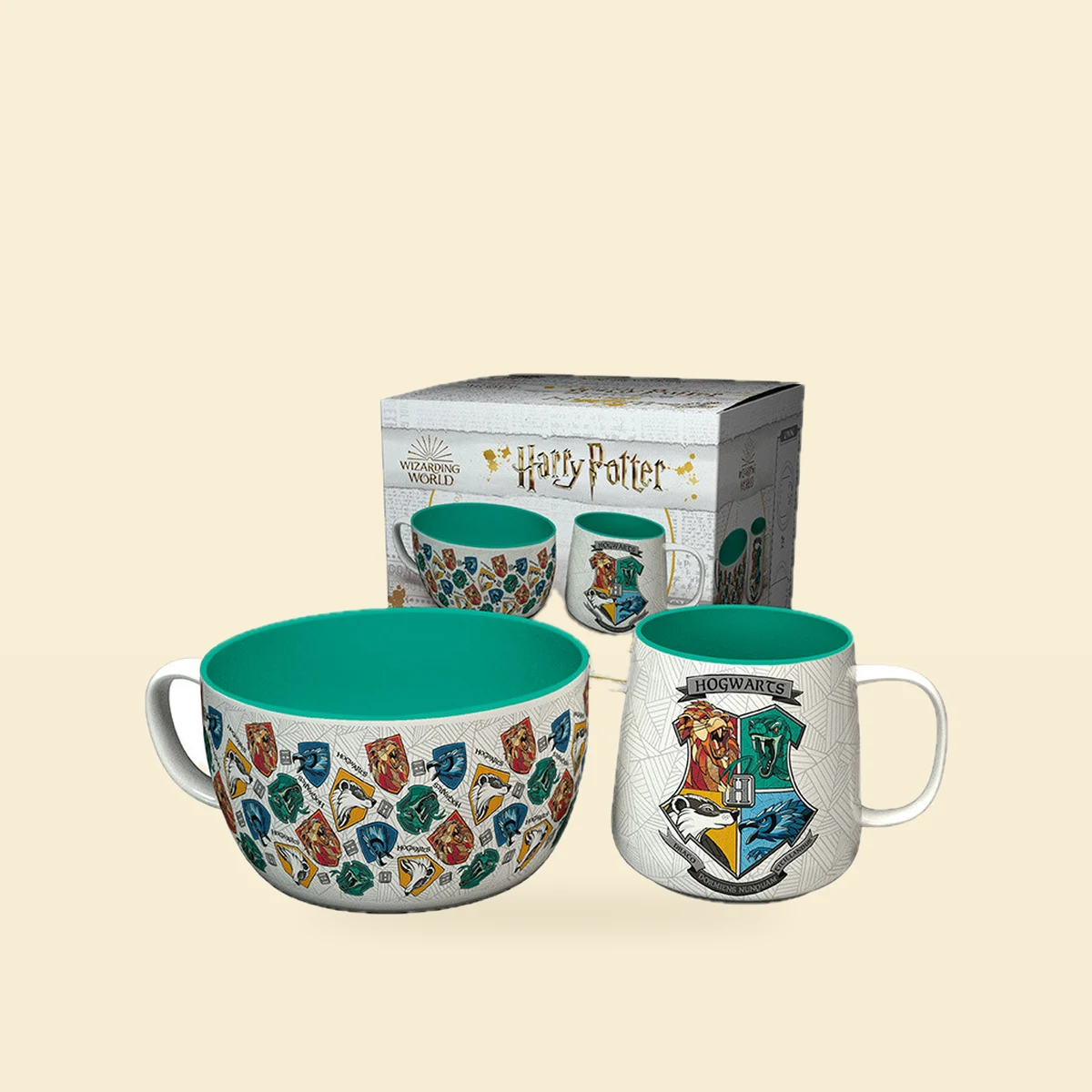 Zestaw Hogwart: kubek + miska z uchem, herb 4 domy białe – Harry Potter