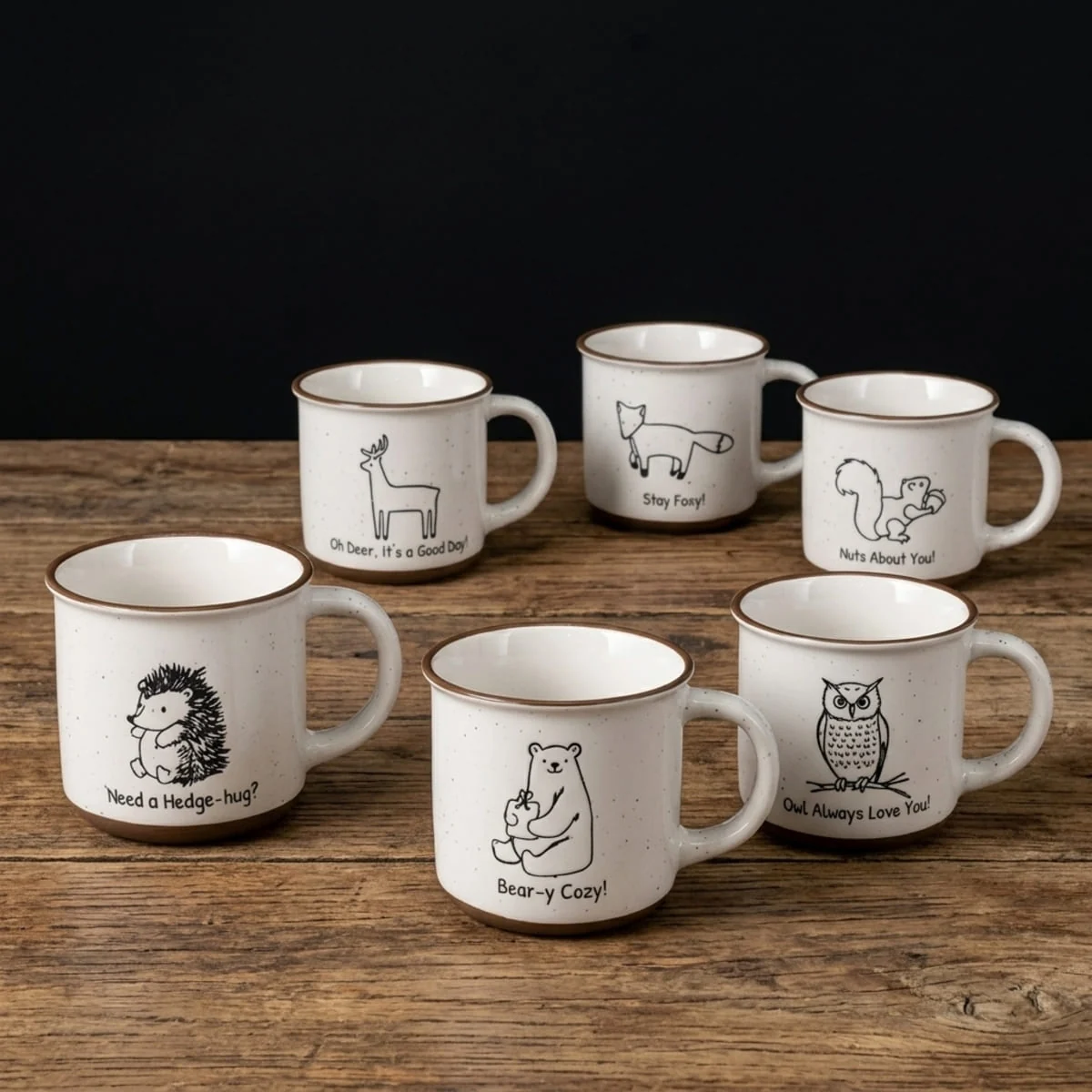 Kubek porcelanowy biały z brązowym rantem mix zwierzęta leśne