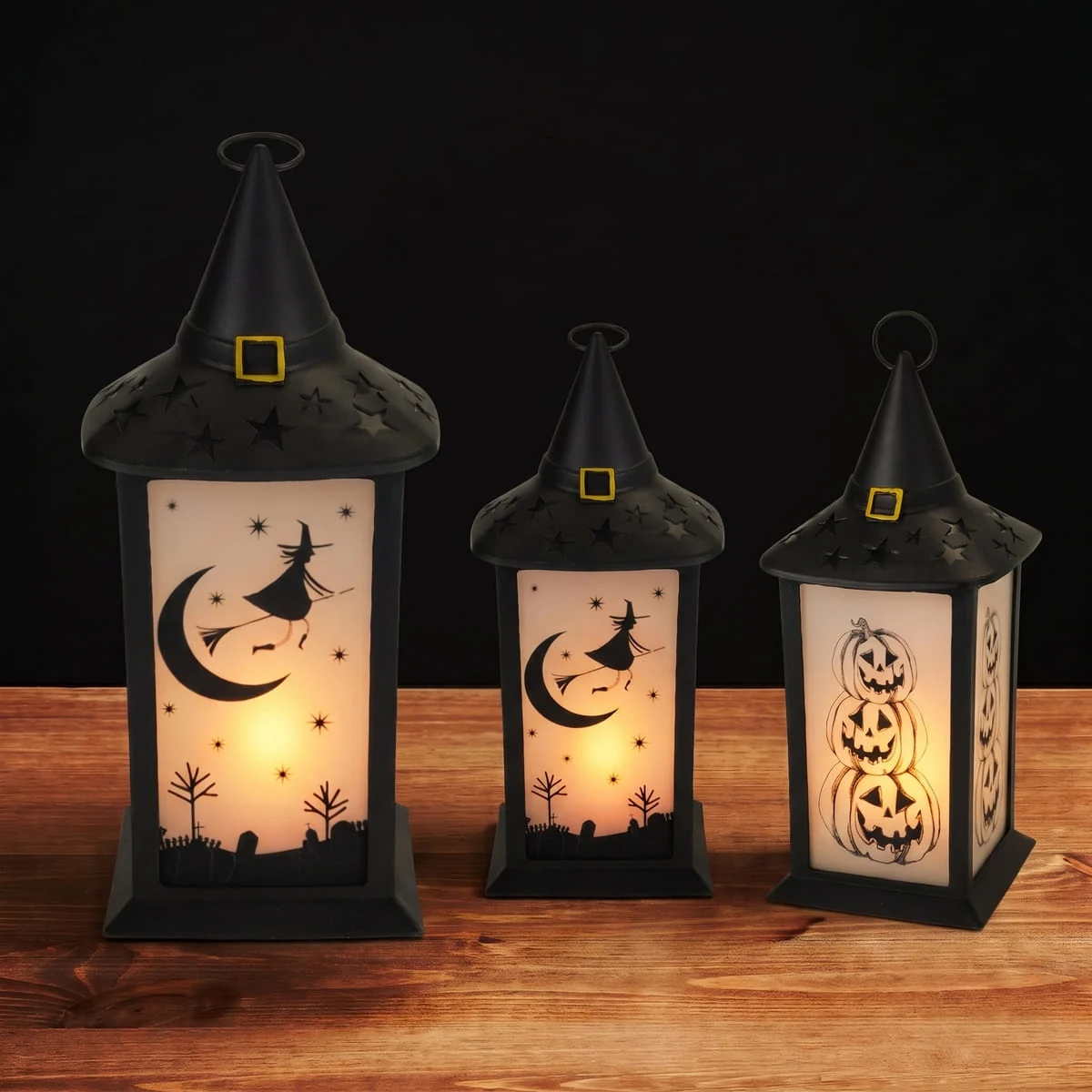 Latarnia czarna LED z kapeluszem wiedźmy – Halloween
